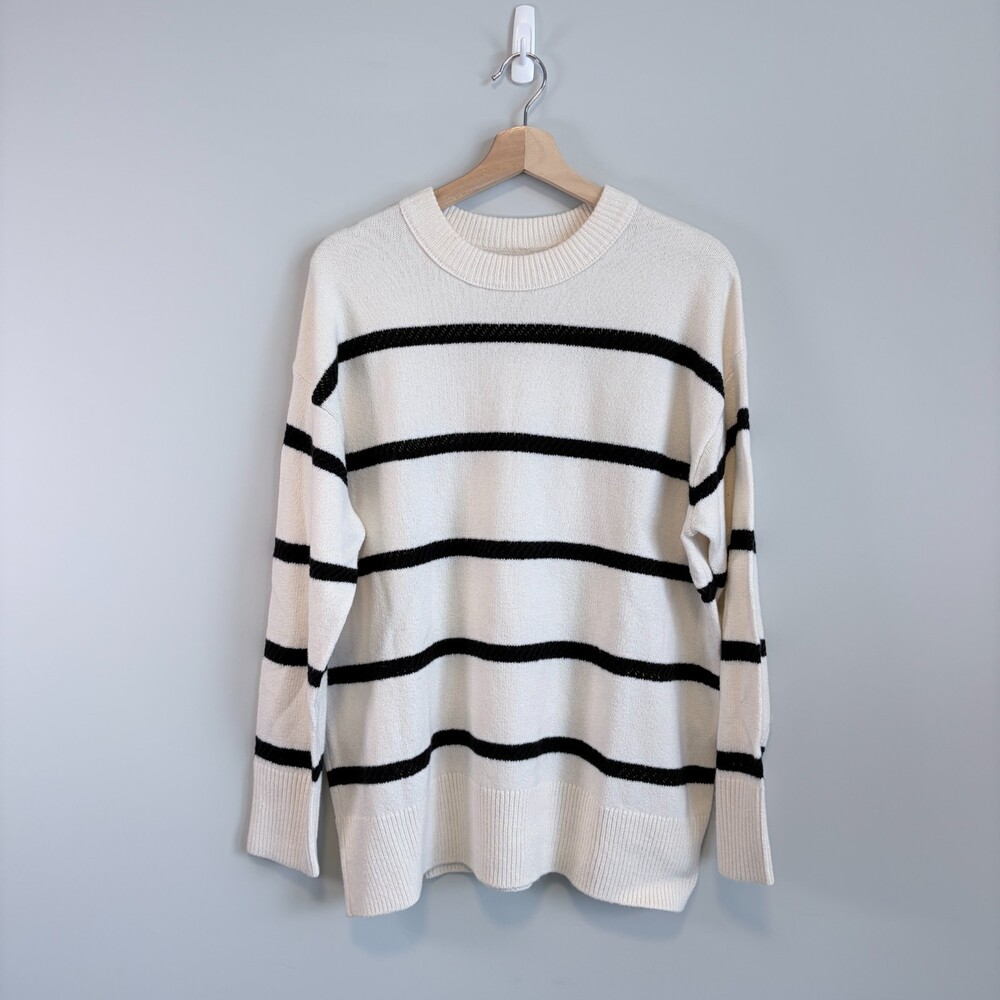 Aerie Oversized Crew Neck Sweater Striped Cozycore Soft Ivory Black Size Small
